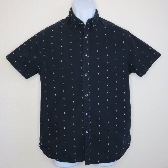 Cactus Man* Men's Short Sleeve Button Down Curved Hem Anchor Print Shirt~ Medium - Picture 1 of 10